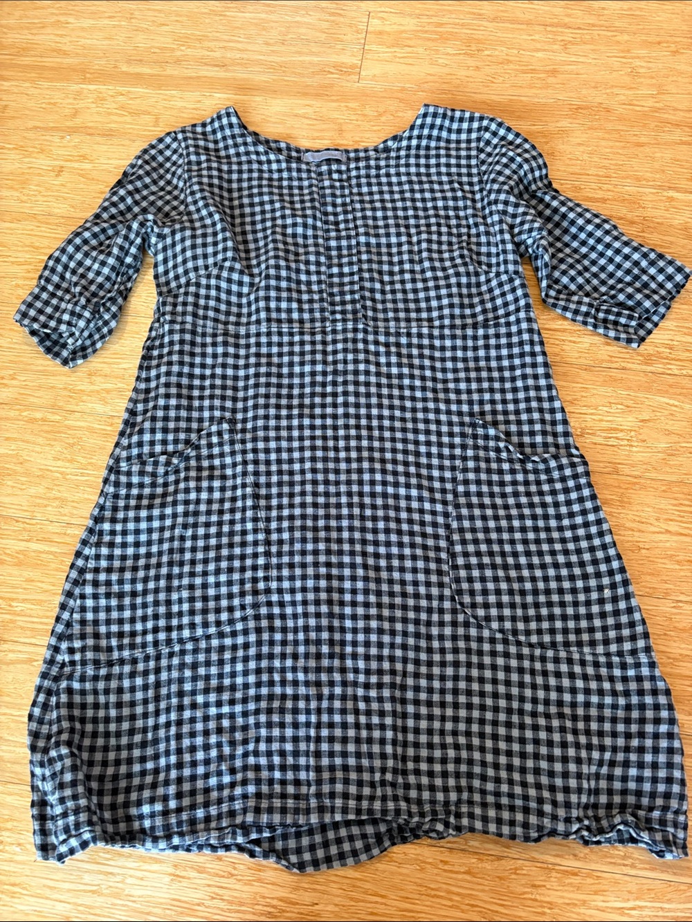 Cut Loose Black Gingham 100% Linen Shift Tunic Dress Small lagenlook minimalist